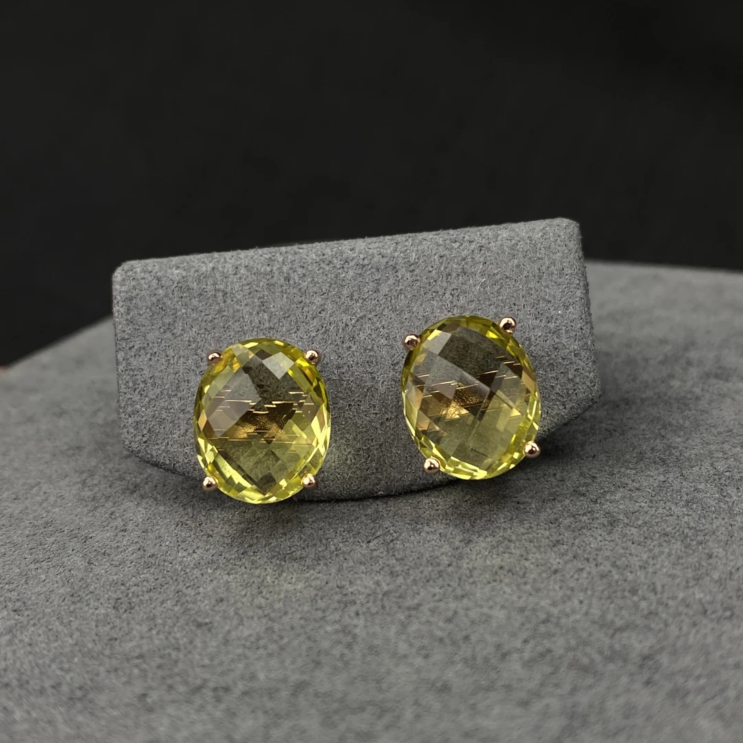 菱格切工天然柠檬黄水晶耳钉s925银镶女款礼物
