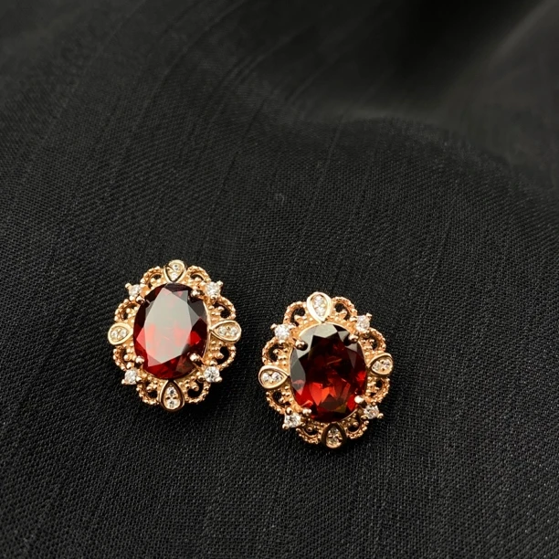 新品宫廷风天然酒红石榴石耳钉通体S925银镶女款送人礼物