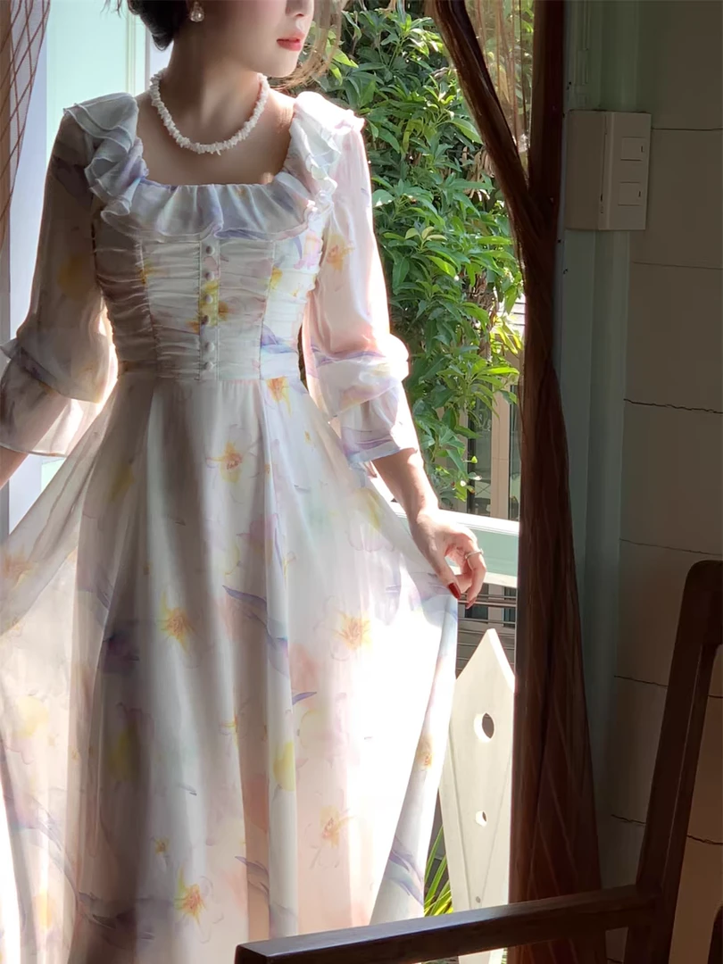 清仓《新品》2024春夏新款法式腰间捏褶碎花长袖连衣裙长裙J37