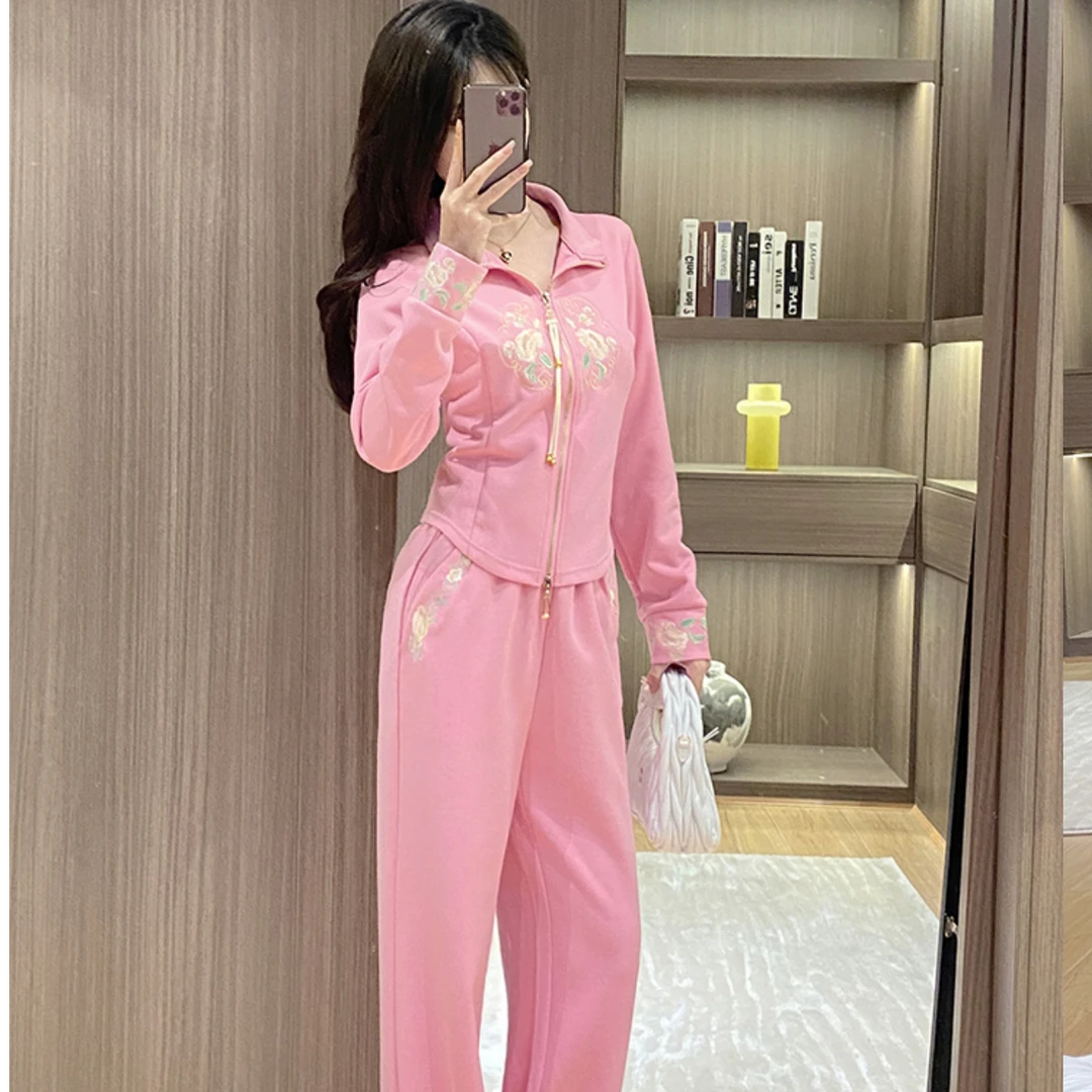 新中式国风休闲运动套装女春季新款时尚洋气开衫外套阔腿裤两件套