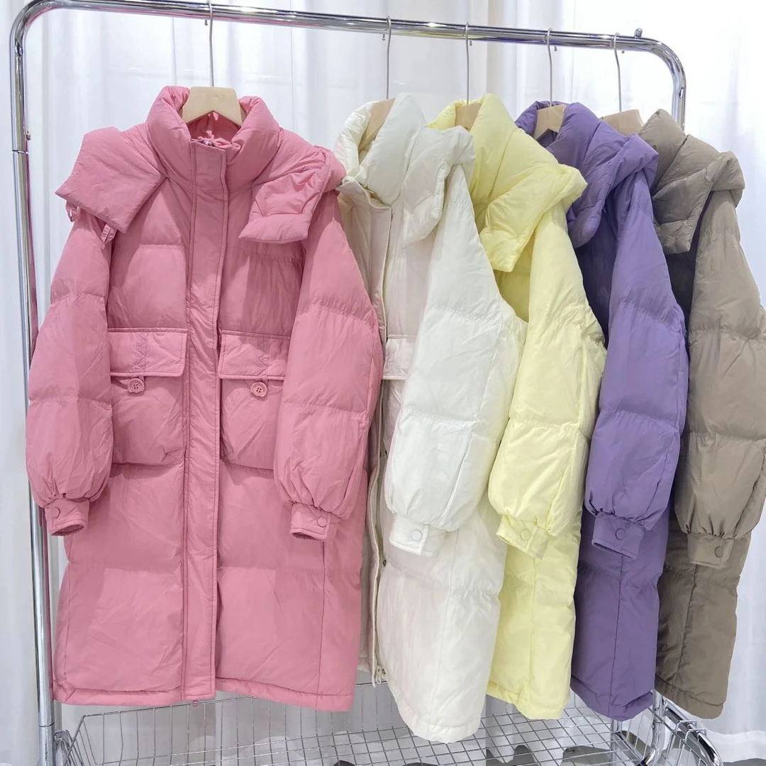 【衣长90】【C090半粒扣】休闲连帽中长款收腰冬季韩版抽绳羽绒服