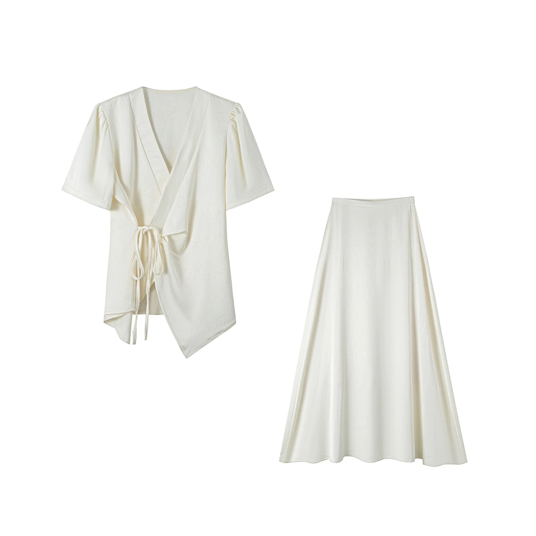 春新款复古V领侧边绑带气质上衣纯色高腰半身裙套装MZ