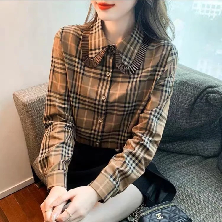 112#木耳边格子春季时尚洋气百搭款花边翻领衬衫