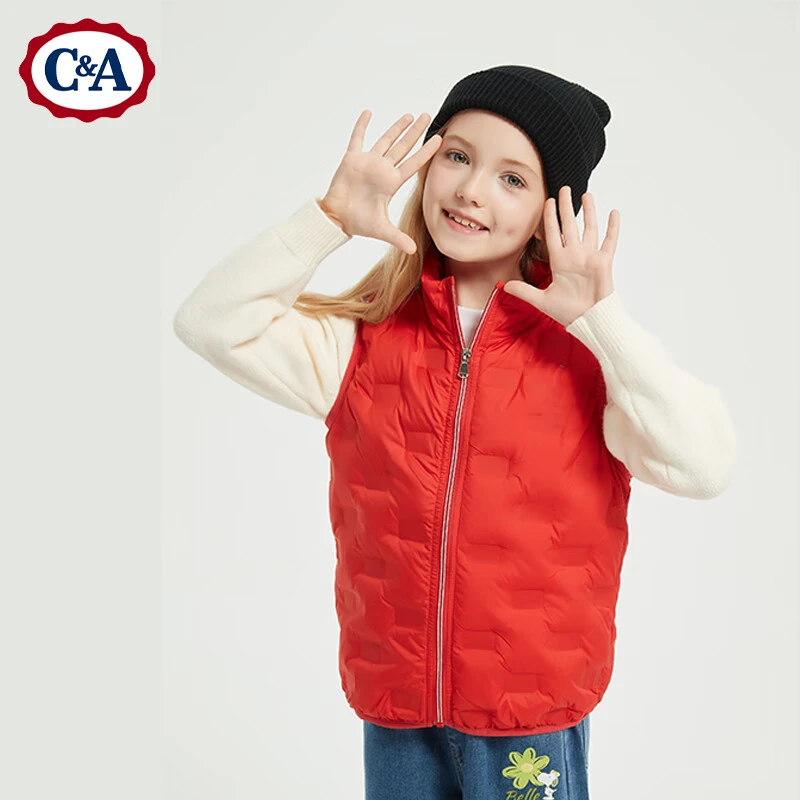 C&A儿童立领羽绒马甲校服神器冬款男女童白鸭绒内胆中大童保暖
