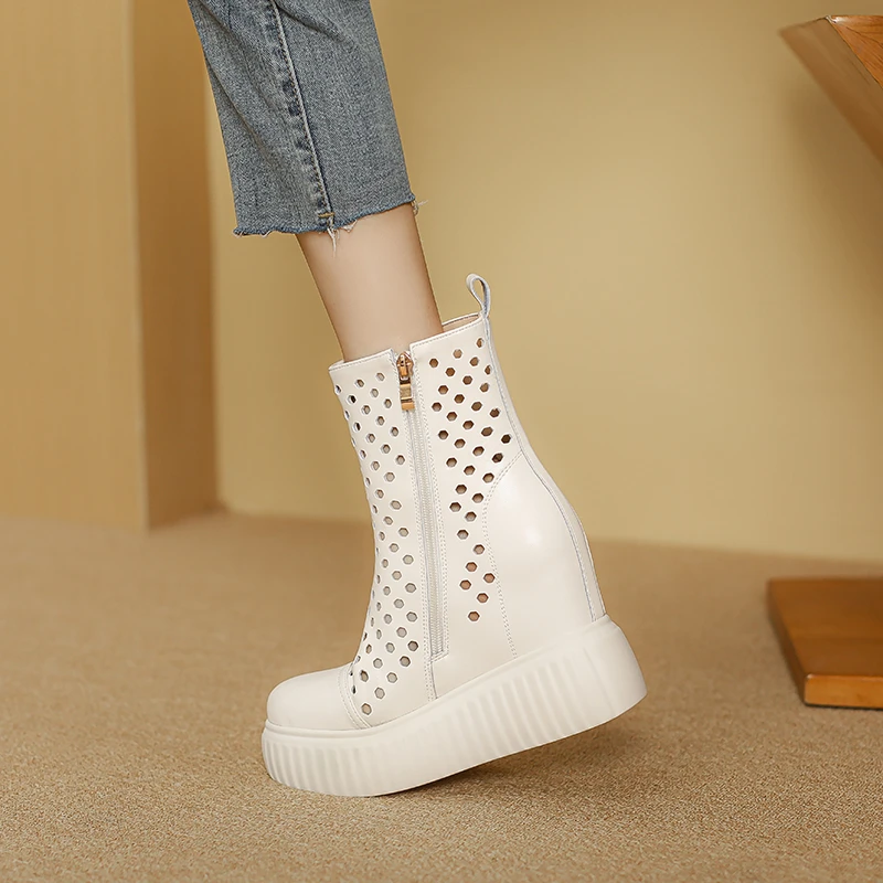 镂空马丁短靴女透气夏季真皮内增高网靴小个子10cm高跟凉靴厚底