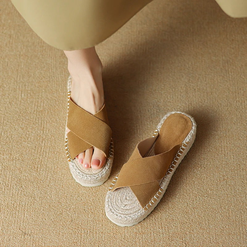 纯手工厚底拖鞋女夏外穿时尚沙滩防滑交叉凉鞋牛皮草编渔夫凉拖鞋