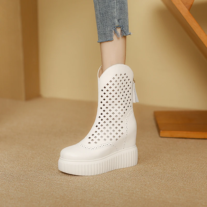 凉鞋百搭春夏季透气真皮镂空厚底网靴白色洞洞打孔短靴高跟凉靴女