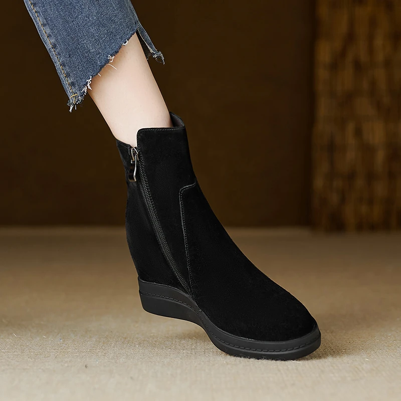 真皮内增高平底短靴小个子高跟坡跟磨砂牛皮马丁靴厚底松糕底显高