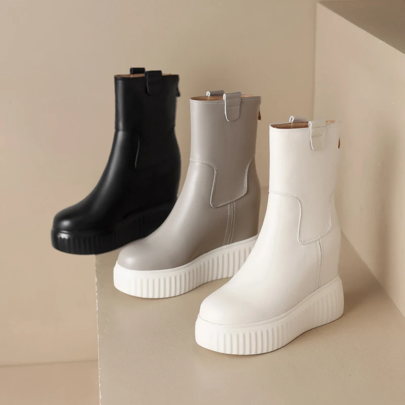 真皮内增高短靴女秋冬小个子10cm高跟灰色马丁靴厚底坡跟中筒单靴