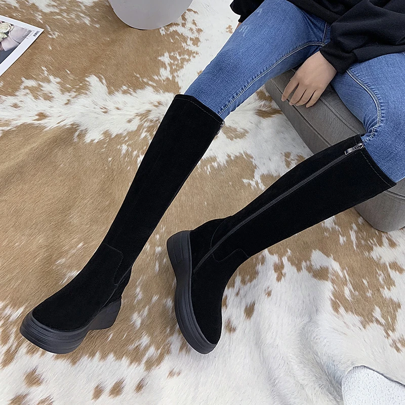 厚底长靴内增高小个子加厚雪地靴磨砂高跟不过膝女秋冬显高显瘦潮