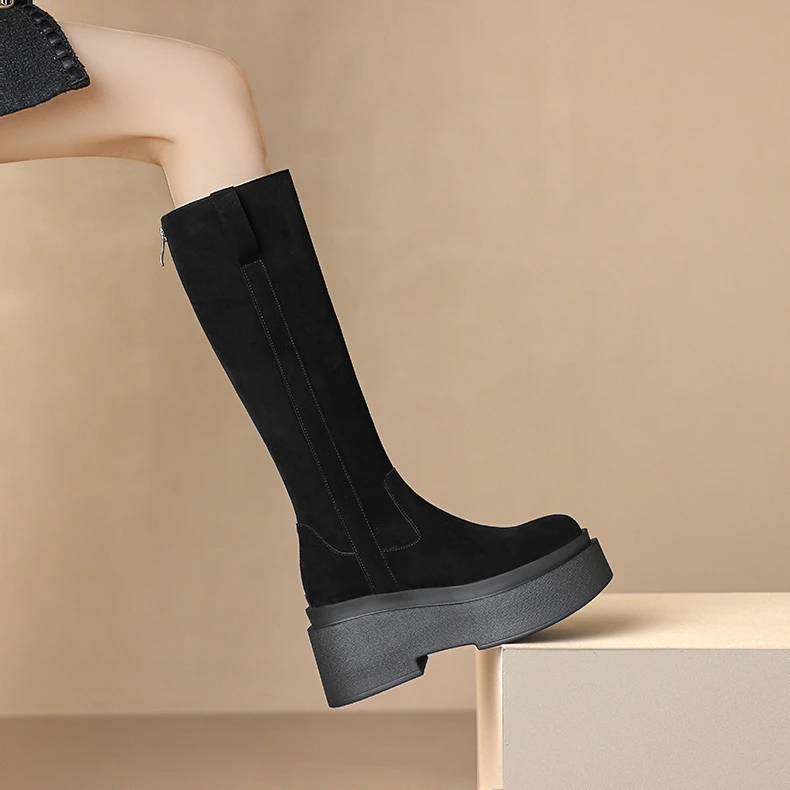 真皮小个子女靴女秋冬百搭厚底高筒靴爆款2025粗腿女靴全洋气靴子