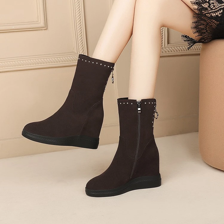 小个子内增高厚底秋冬坡跟马丁靴中筒靴显高显瘦真皮气质高跟短靴