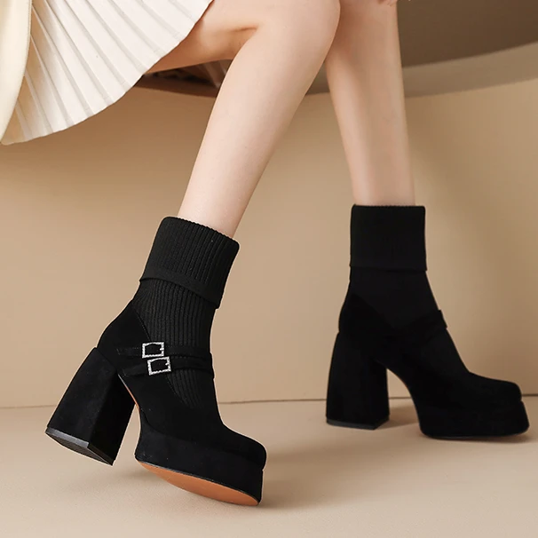 厚底高跟短靴子女秋冬2024新款时尚复古小个子马丁靴瘦瘦弹力袜靴