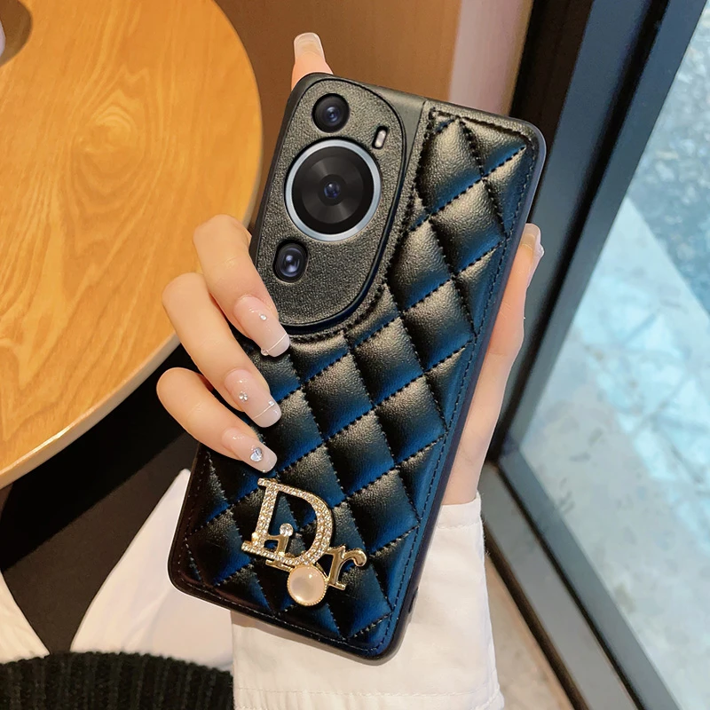 华为P60art手机壳皮纹小香风防摔黑色轻奢DR保护壳镜头全包男女款