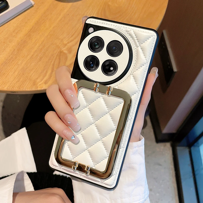 一加12小香风皮质手机壳1+12白色OnePlus 12最新款女支架防摔壳套
