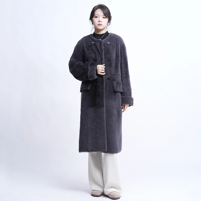 多面美人 西班牙进口拉贡双面穿皮草外套长款经典显瘦双排扣 4068