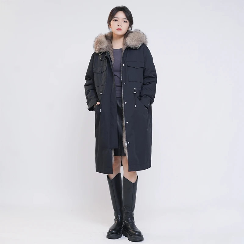 进口蓝狐毛领长款可拆卸狐毛内胆派克服连帽外套 24798