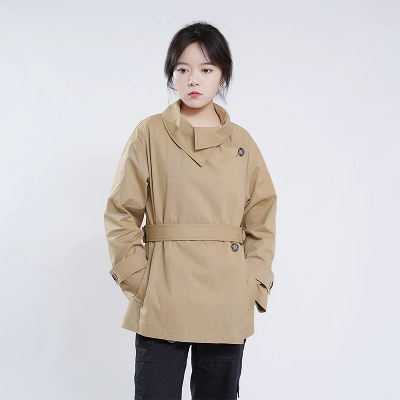 秋季新款纯色简约风衣宽松系带短外套收腰显瘦女 25005