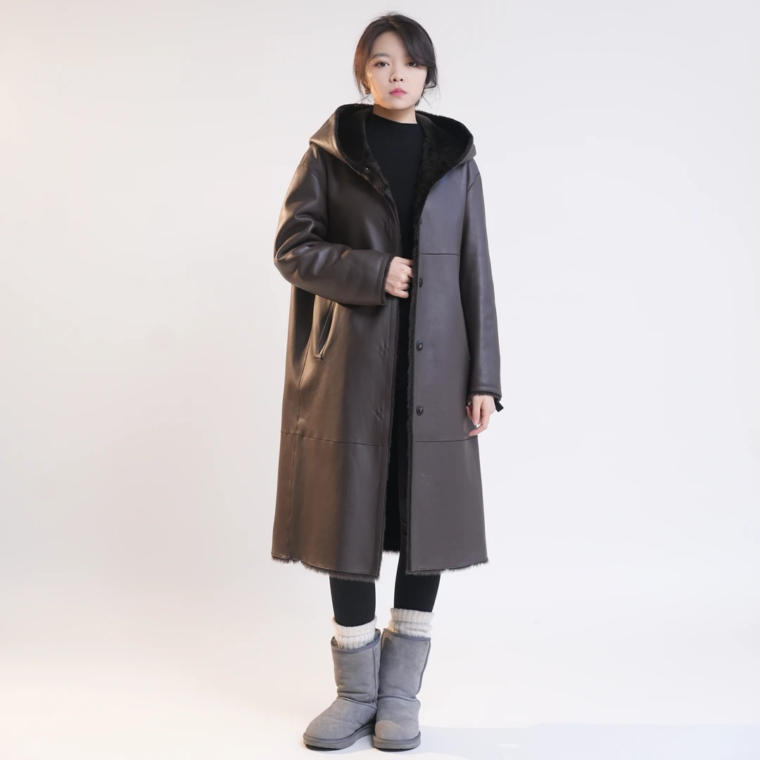 原始美感 进口拉贡皮毛一体外套双面穿连帽皮草长大衣女 25613