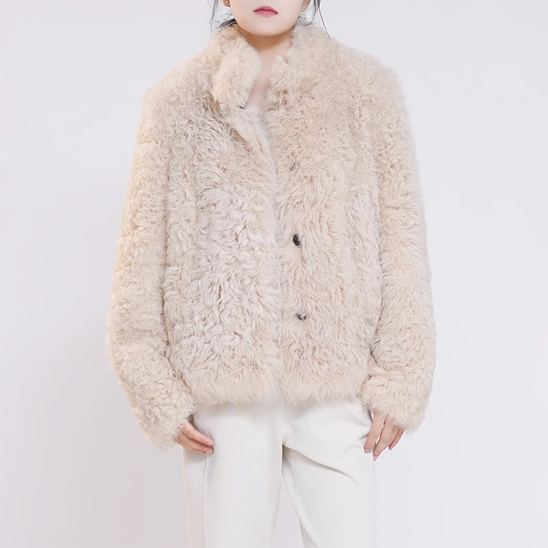 凛冬恋歌 进口托斯卡纳羊皮毛一体短款双面穿卷毛皮草外套 23631