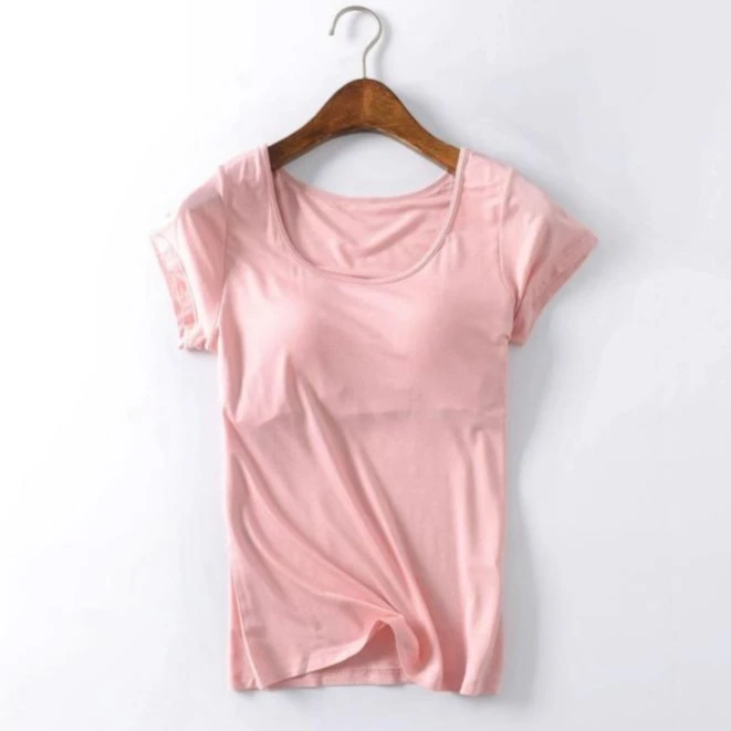 女夏莫代尔bra-t带胸垫罩杯半袖短袖T恤衫免文胸一体运动背心上衣