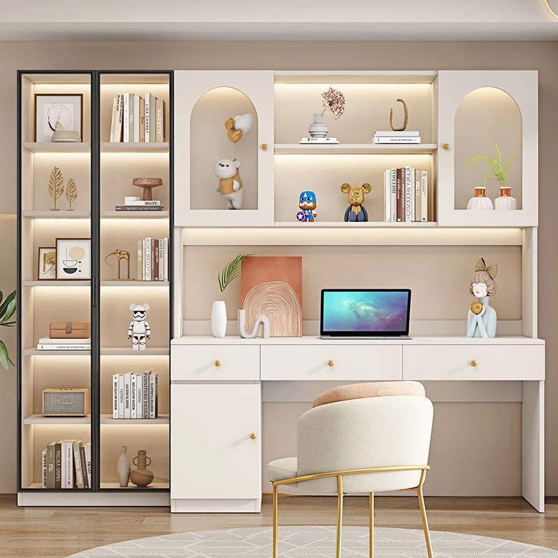 实木书桌轻奢现代书架书柜一体写字台电脑桌卧室学生家用学习桌子