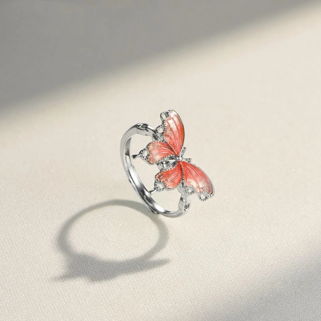 足银珐琅戒指 足银苒春戒指蝴蝶可调节指环简约精致520礼物送女友