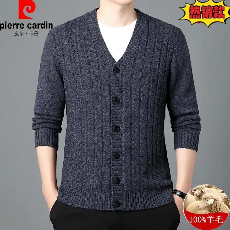 皮尔卡丹中年100%纯羊毛衫男V领加厚针织开衫外套爸爸装毛衣大码