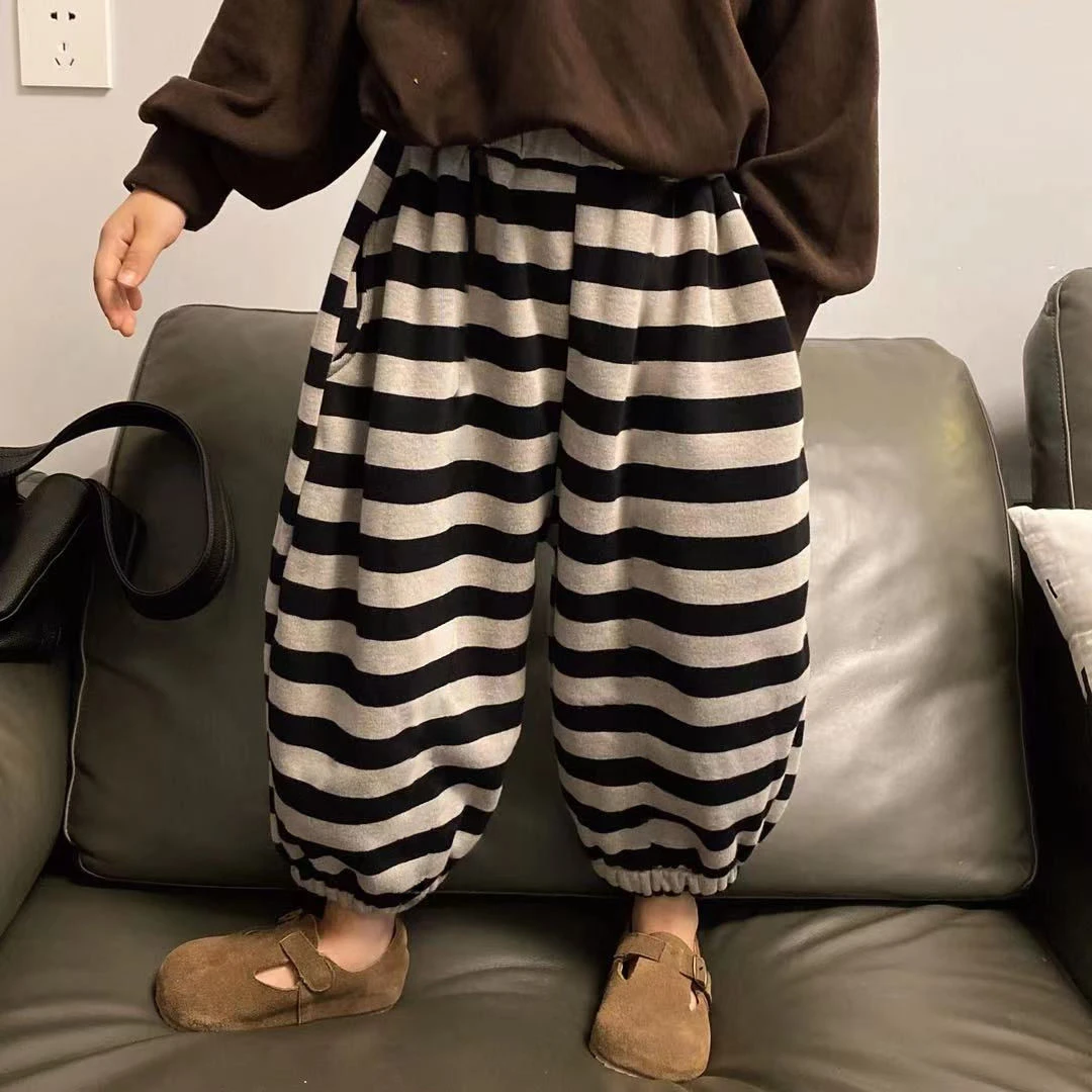 女童秋冬裤子2024新款儿童条纹卫裤宝宝休闲裤男童秋冬加绒哈伦裤