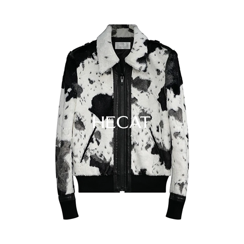 Hecat'自然的馈赠系列 意大利胎牛皮奶牛纹拼接短夹克 男女同款