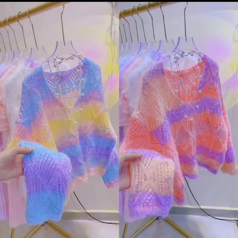 彩虹条纹针织衫新款早秋薄款针织衫拼色马海毛女士气质百搭清新