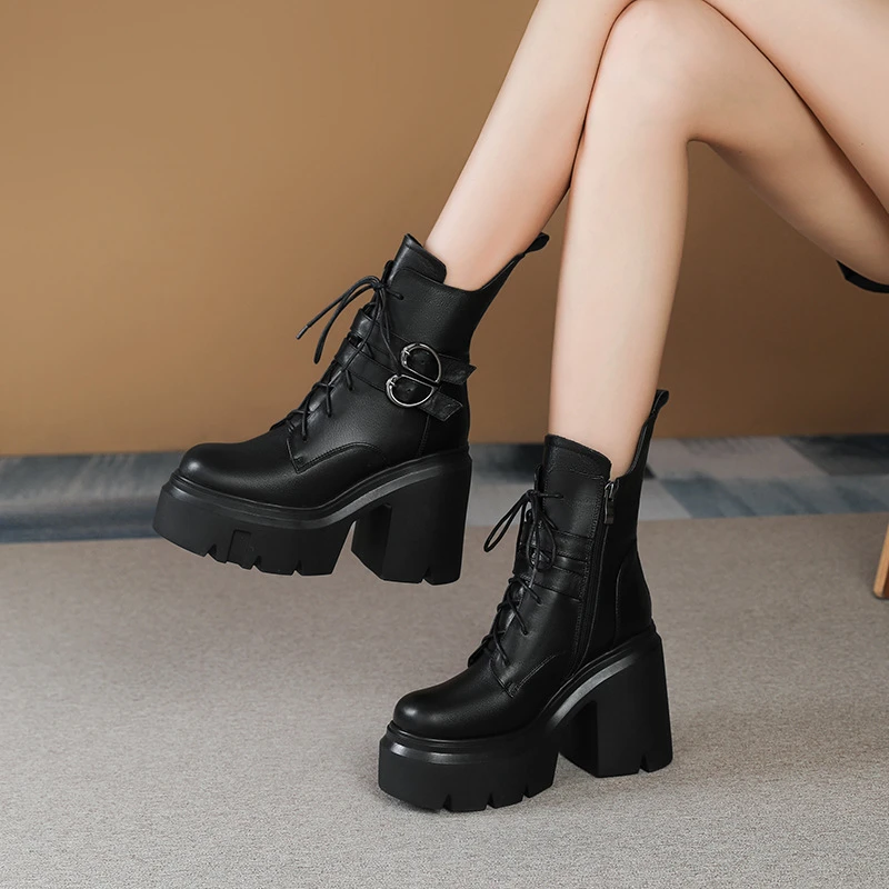 真皮12cm复古厚底超高跟马丁靴女英伦风短靴小个子粗跟单靴皮带扣