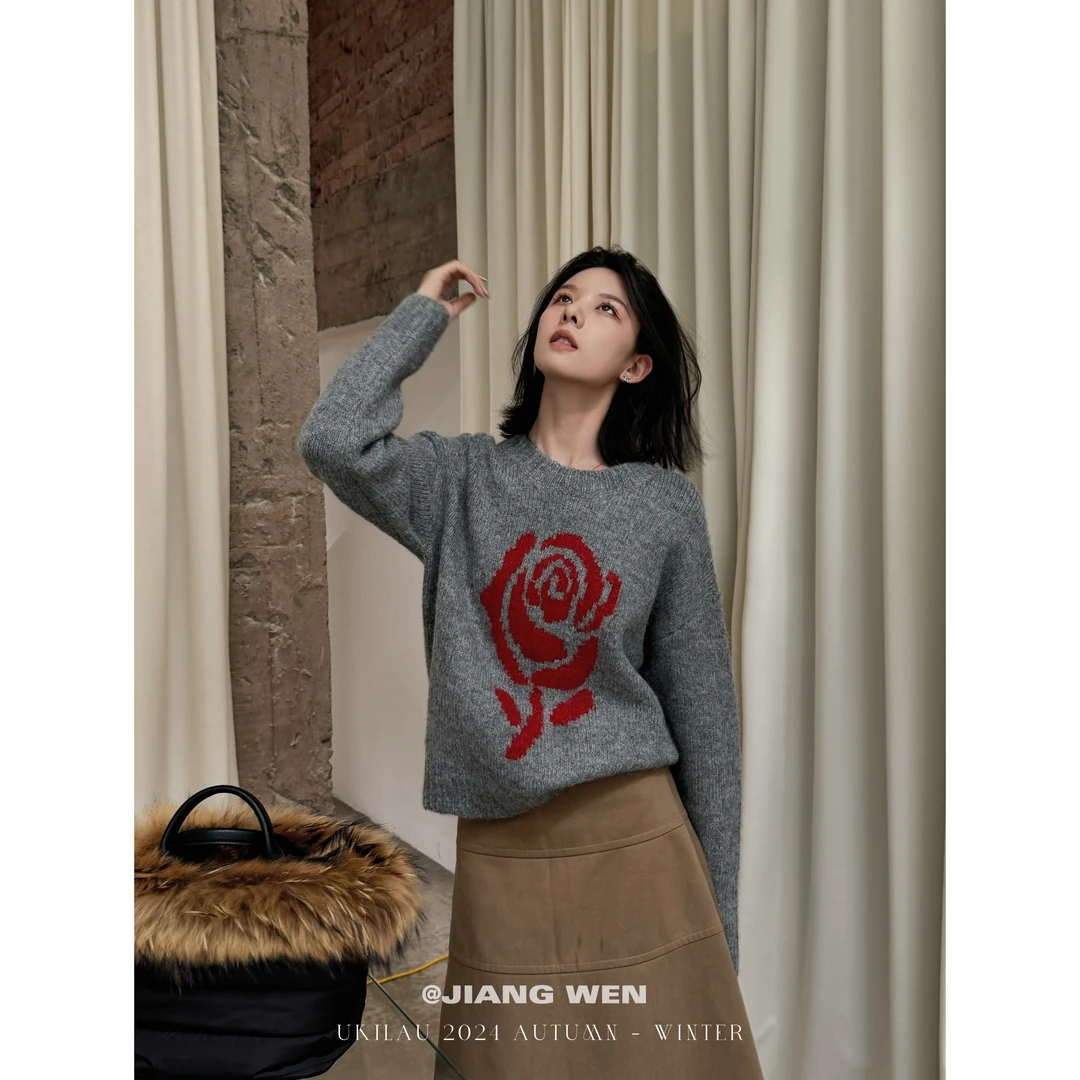 UKILAU【复古玫瑰】复古撞色玫瑰提花长袖针织毛衣
