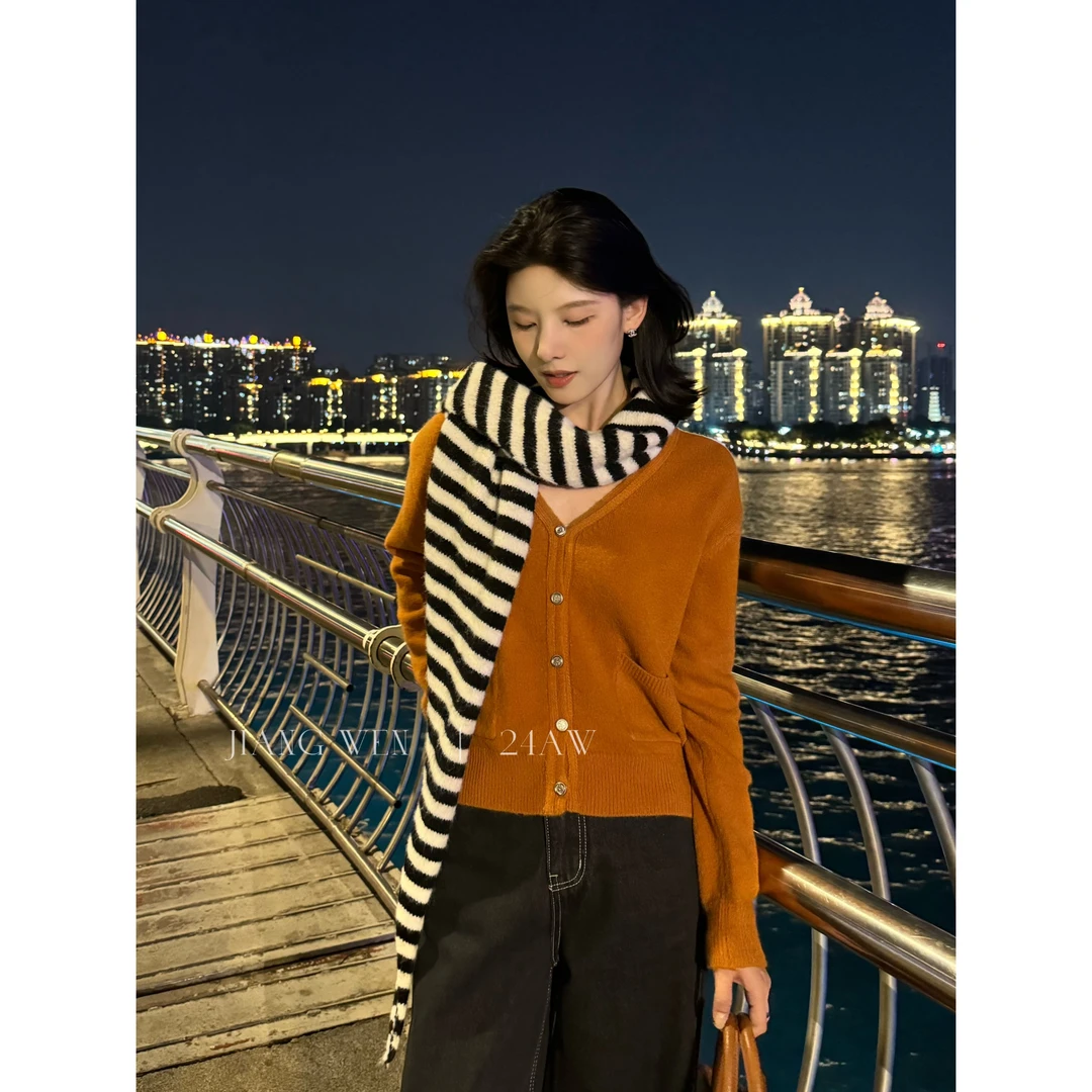 UKILAU【橙花】领长袖百搭短款针织衫上衣