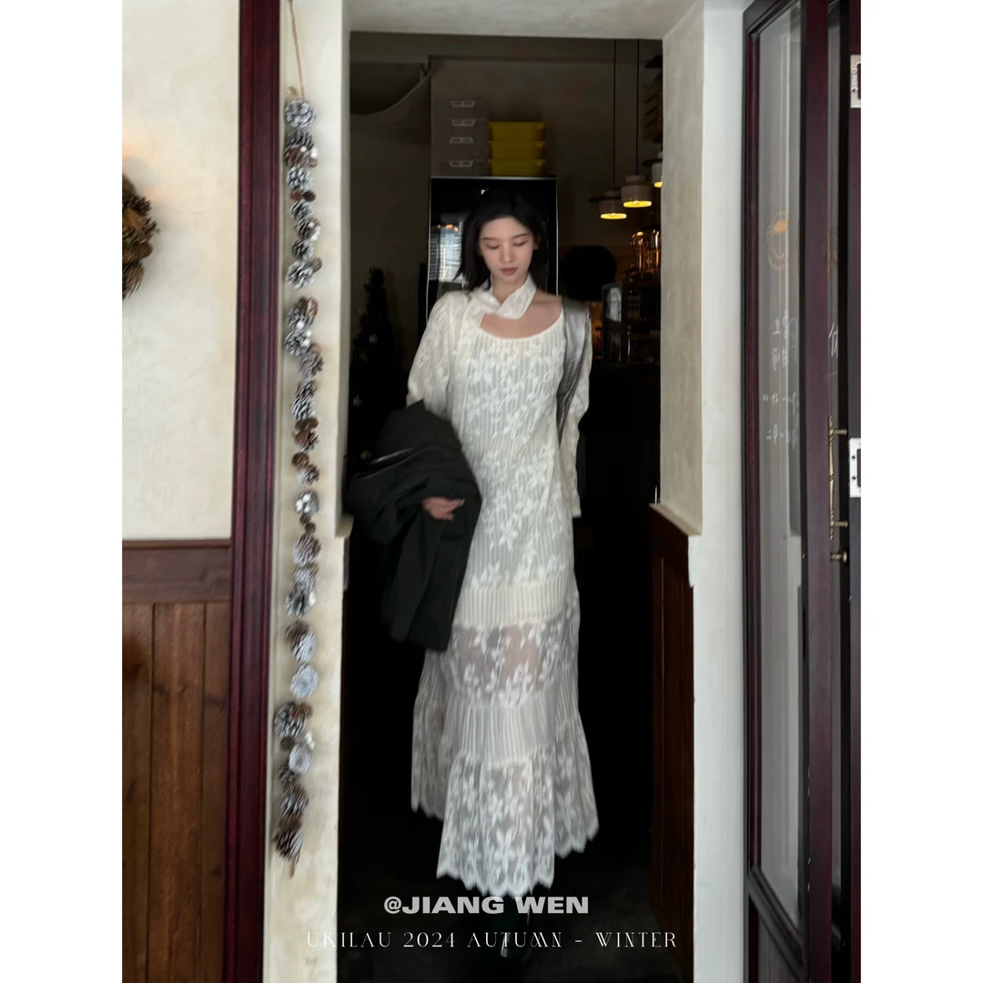 UKILAU【花瑾】法式宫廷风蕾提花镂空丝拼接连衣裙
