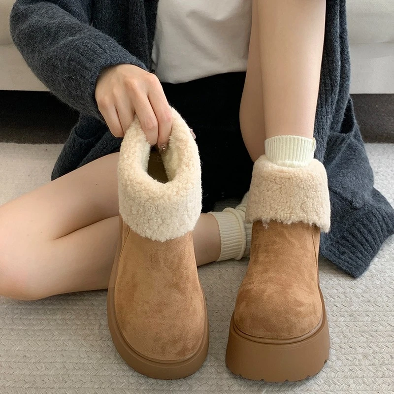 厚底增高雪地靴女2024新款冬季加绒保暖毛毛短靴时尚丑萌大头棉鞋