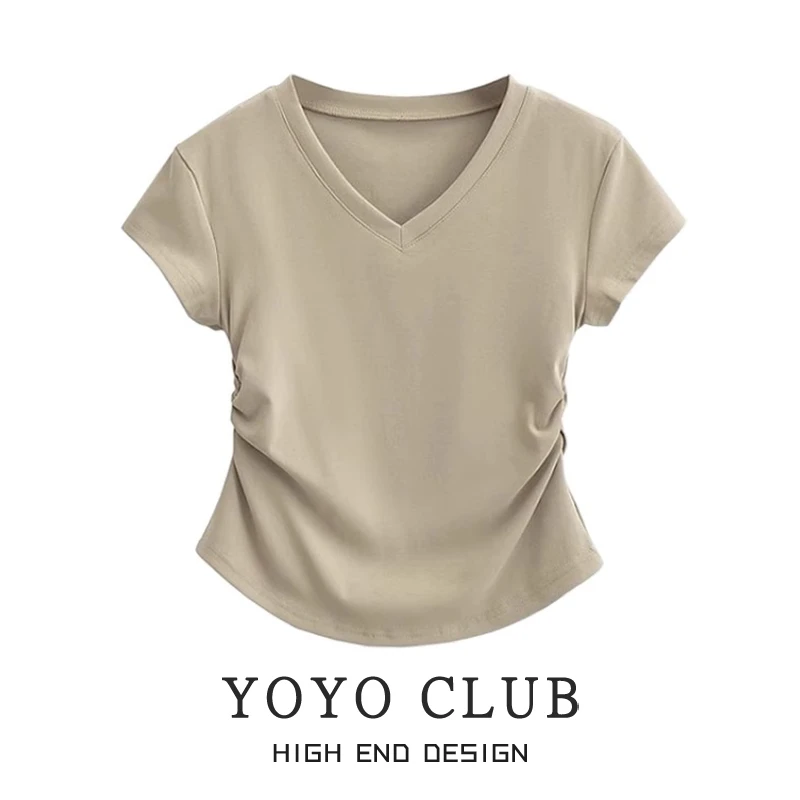 2024辣妹抽褶设计感V领上衣夏季修身显瘦不规则正肩短袖T恤