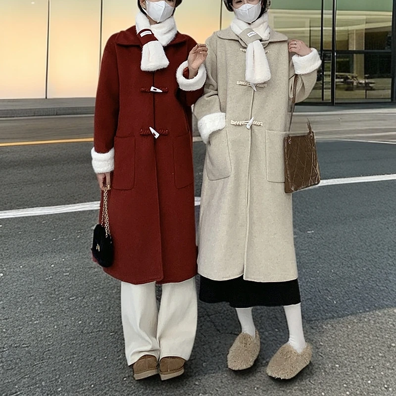 2024大码毛领牛角扣呢子大衣冬季新款宽松韩系长款新年红色外套