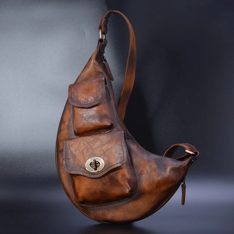 男士胸包休闲胸前包真皮斜挎包单肩包个性牛皮复古潮男包青年跨包