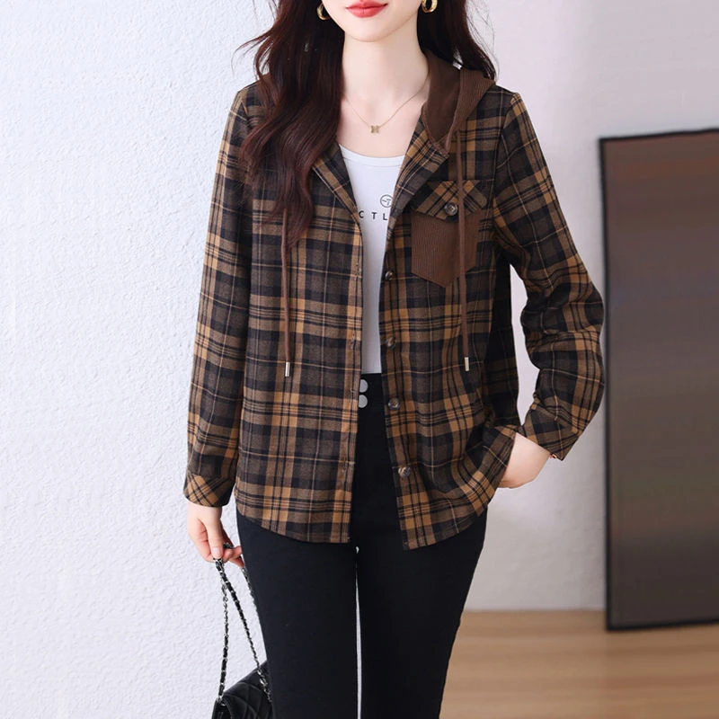 2024春秋新款时尚格子连帽大码衬衫休闲磨毛开衫洋气宽松外穿外套