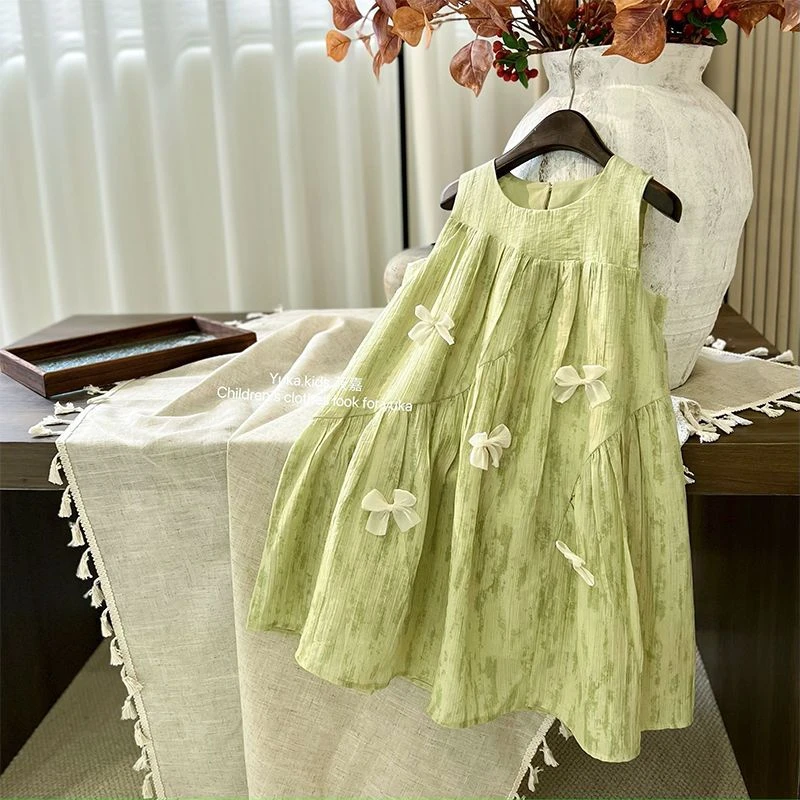 女童连衣裙薄款气质背心裙显瘦夏季新款2025洋气蝴蝶结无袖公主风