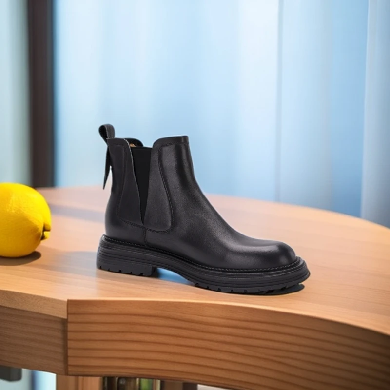 头层牛皮短靴女2024新款切尔西女靴子厚底一脚蹬休闲百搭黑色2-28