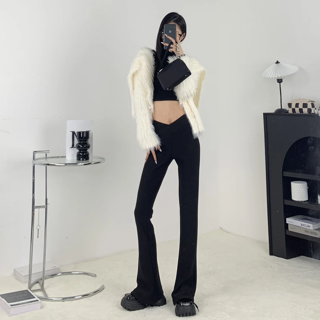 秋冬款V腰西装裤女高腰坠感显瘦显腿长黑色修身开叉微喇裤百搭