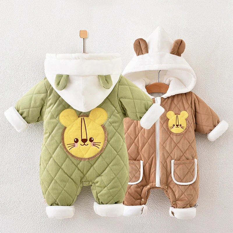婴儿连体衣夹棉加厚保暖棉衣新生幼儿爬服超萌宝宝外出服秋冬装