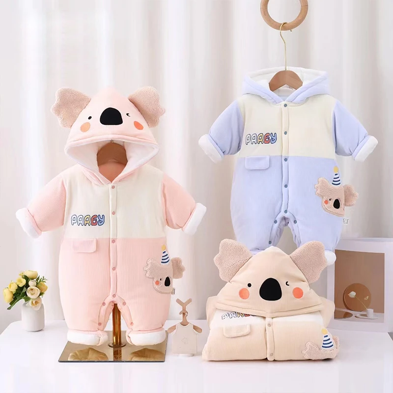 婴儿连体衣夹棉加厚外出服哈衣新生幼儿爬服萌娃宝宝衣服秋冬装