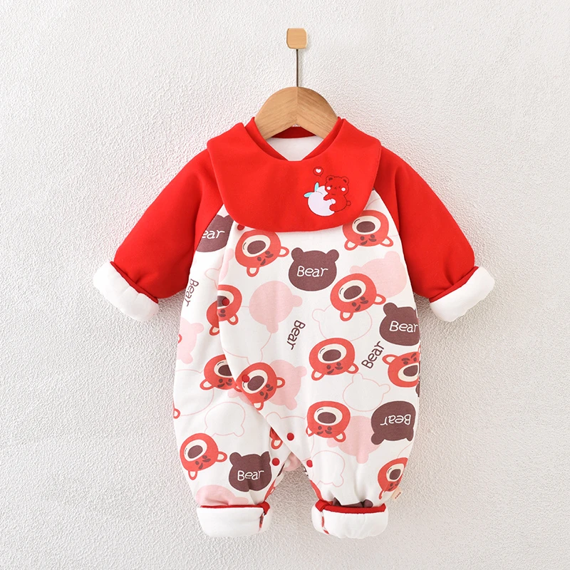 婴儿夹棉连体衣长袖秋冬季新生儿薄棉衣保暖哈衣外出服宝宝秋冬装