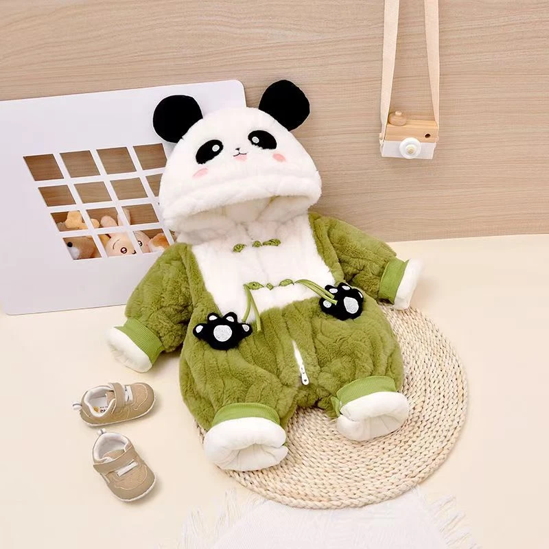 【冬季上新】婴儿夹棉熊猫帽薄棉连体衣宝宝外出服冬款洋气加厚