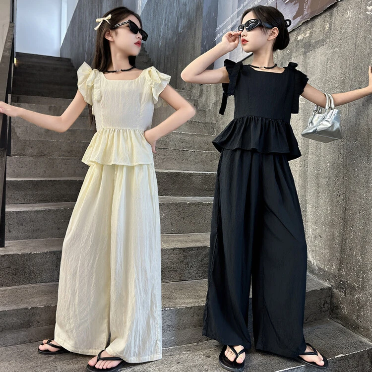 女童装夏季爆款套装中大童阔腿裤两件套可盐可甜显瘦气质泡泡袖