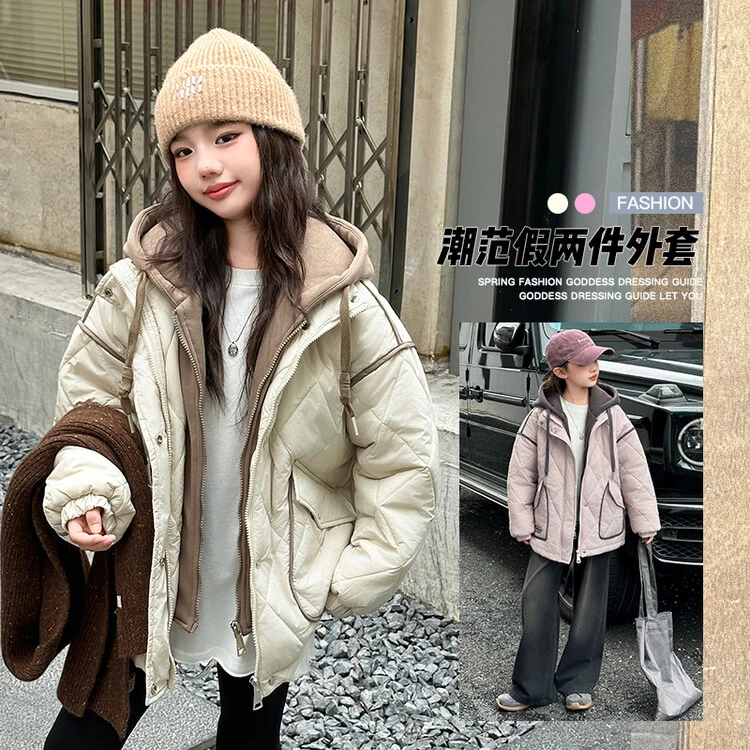 女童棉衣冬装2024新款儿童加厚假两件连帽棉袄中大童冬季棉服外套