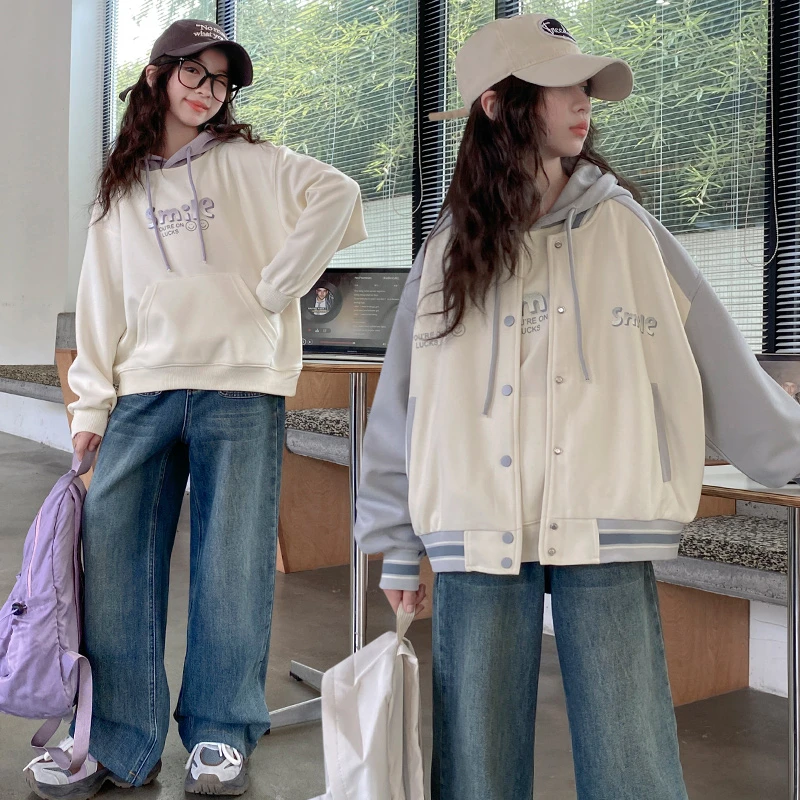 女童春装套装2025儿童洋气时髦女大童棒球服外套宽松卫衣三件套潮